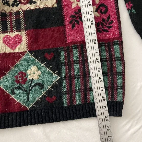 VTG Bungle Boy Women's Patchwork Heart Floral Sweater Black Red Size L - Picture 6 of 6